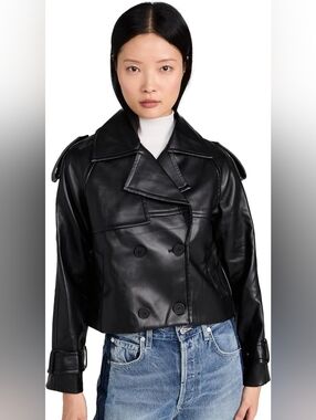 NWT Women's Black Faux Leather Cropped Double-Breasted Jacket